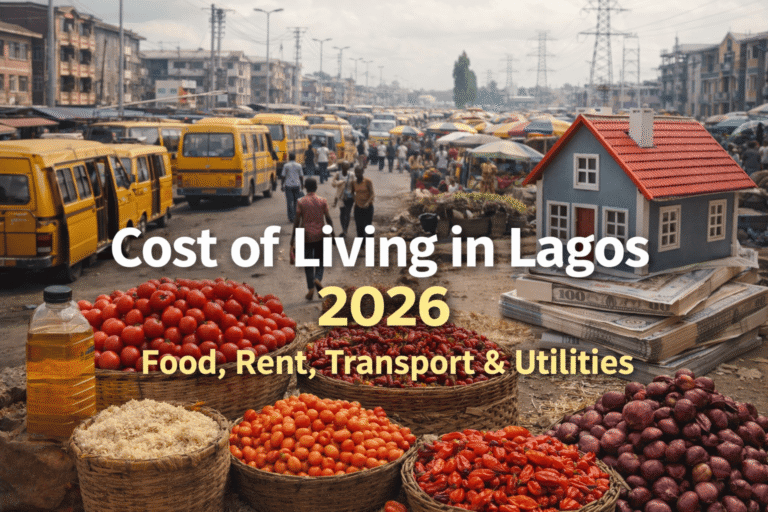 Food prices in Lagos showing rice, tomatoes, pepper, and cooking oil in a local market